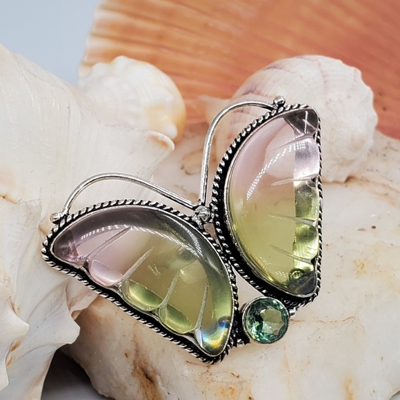 Natural Ametrine Stone Butterfly 925 Silver Ring - Picture 1 of 7